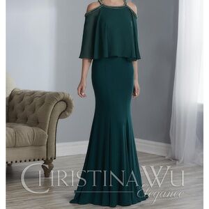 Christina Wu Green Cold Shoulder Sleeveless Gown